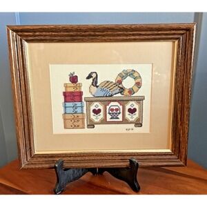 Vintage 91 Framed Cross Stitch Sampler Duck Hearts Folk Art Cottagecore 12 x 10
